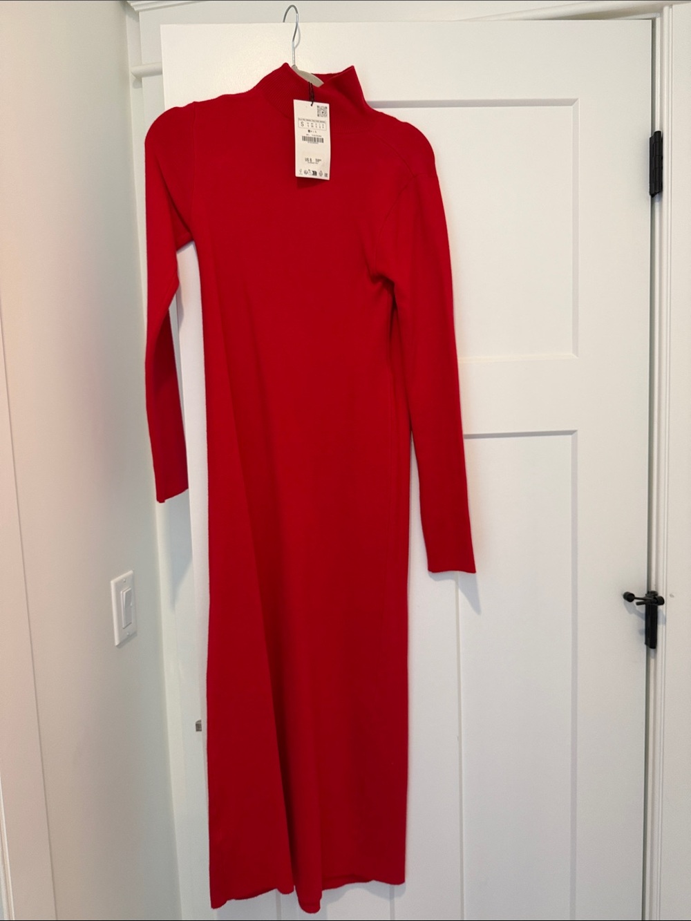 Zara Red Long Sleeve Mock Neck Midi Dress